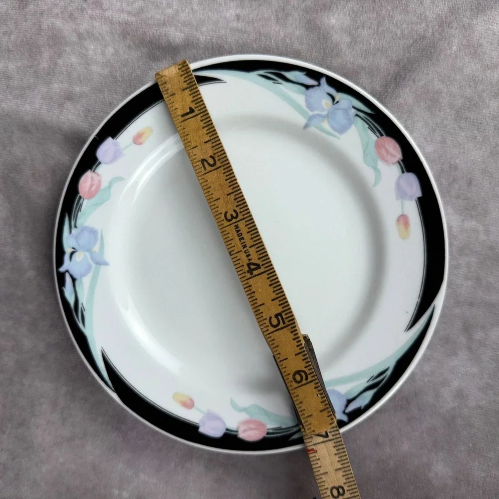 Vtg Caravel by‎ Excel Gravy Boat & Saucer Set Blk Border Pastel Iris Tulip China